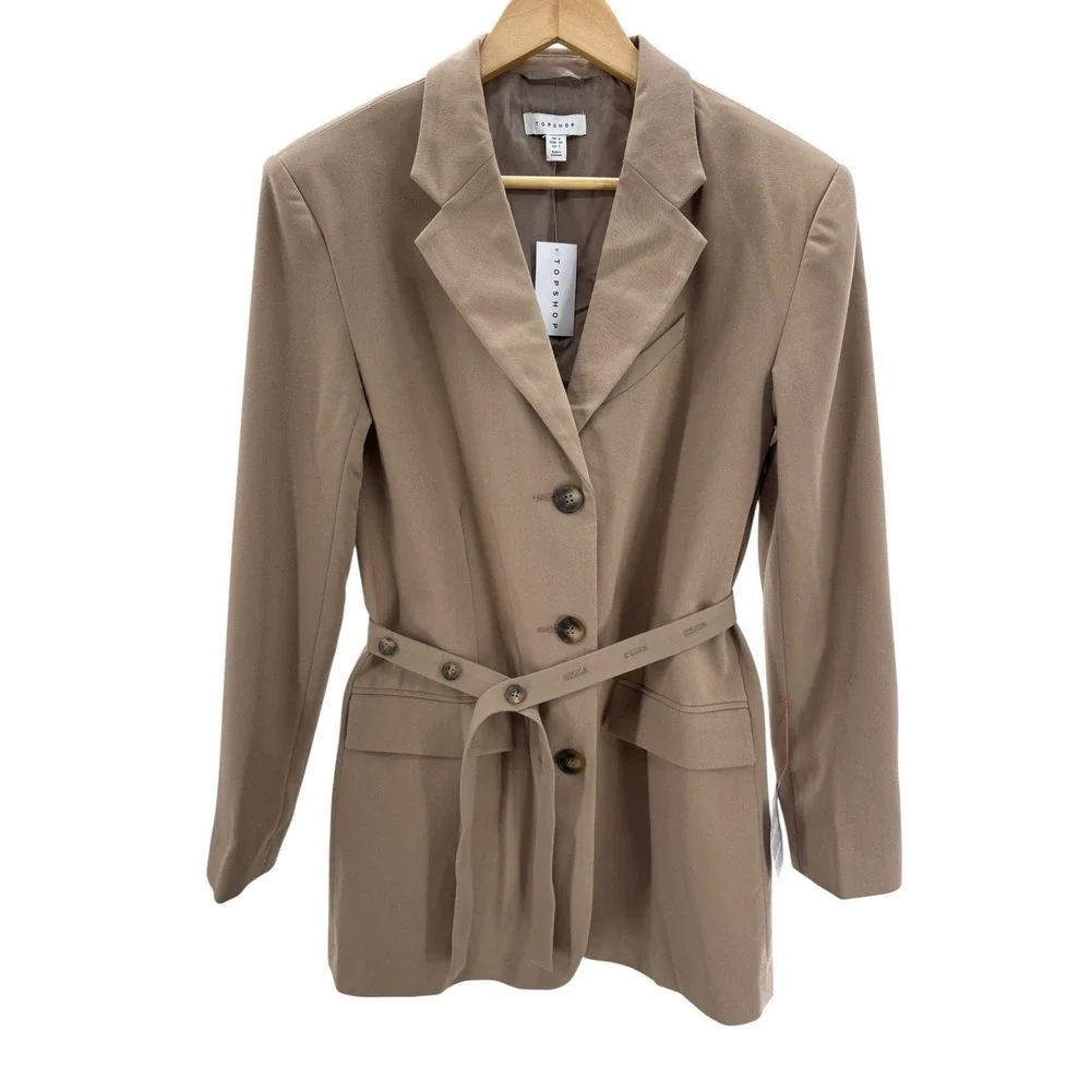 Topshop Belted Blazer Jacket Tan Beige Size 2‎ NWT Tailored Longline Modern Fit